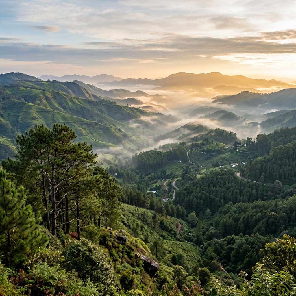 Misty sunrise over green valleys and hills in Kodaikanal